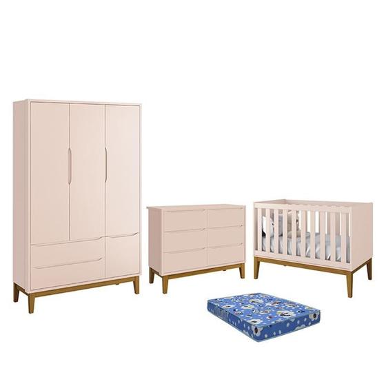 Imagem de Dormitório Infantil Classic 3 Portas, Cômoda 6 Gavetas, Berço Rosa Fosco com Pés Amadeirado e Colchão - Reller Móveis