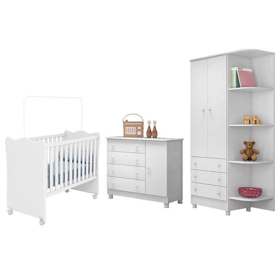 Imagem de Dormitório Infantil Doce Sonho 2 Portas, Cômoda 1 Porta e Berço Branco com Rodízio - Qmovi