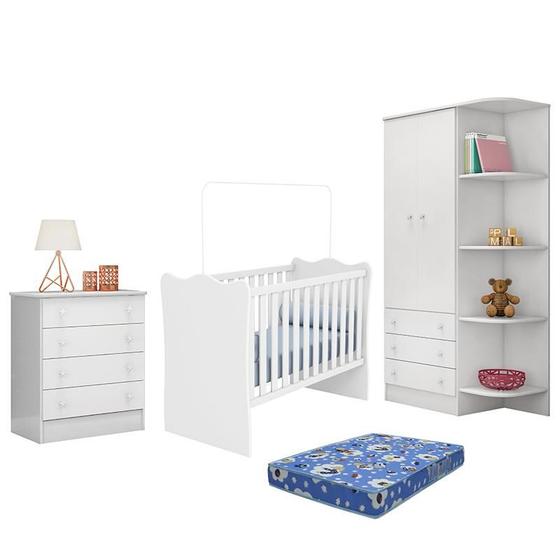 Imagem de Dormitório Infantil Doce Sonho 2 Portas, Cômoda 4 Gavetas e Berço Branco com Colchão - Qmovi