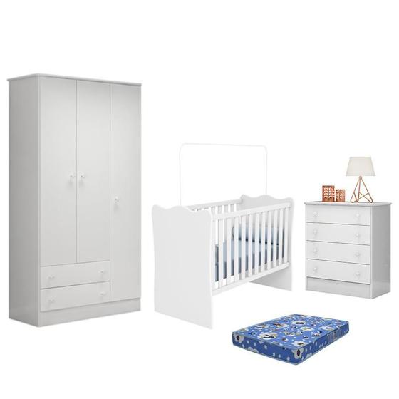 Imagem de Dormitório Infantil Doce Sonho 3 Portas, Cômoda 4 Gavetas e Berço Branco com Colchão - Qmovi