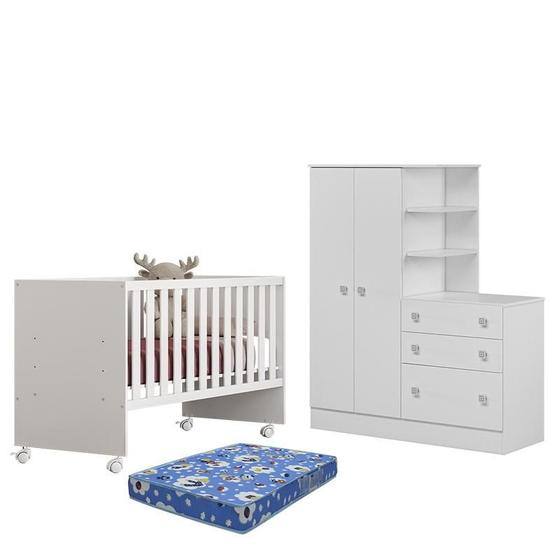 Imagem de Dormitório Infantil Doce Sonho Guarda Roupa com Cômoda, Berço Reto Branco e Colchão Physical - Qmovi