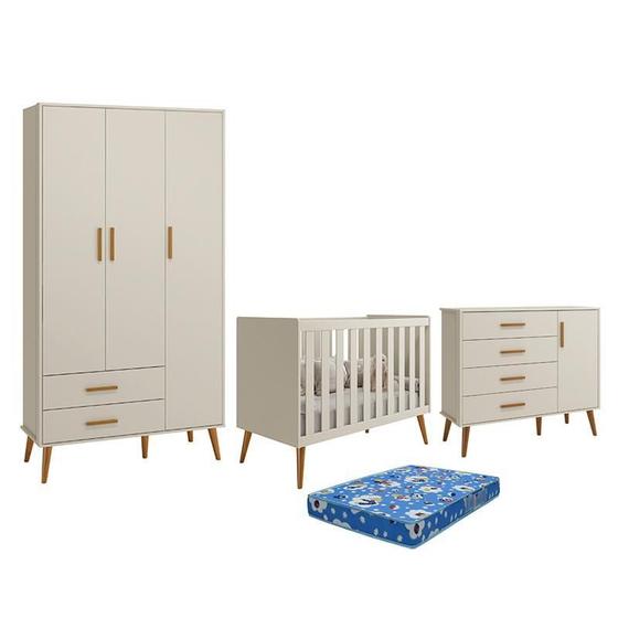 Imagem de Dormitório Infantil Isis Guarda Roupa 3 Portas, Cômoda 1 Porta e Berço Areia com Colchão - Reller Móveis