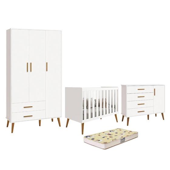 Imagem de Dormitório Infantil Isis Guarda Roupa 3 Portas, Cômoda 1 Porta e Berço Branco com Colchão D18 - Reller Móveis