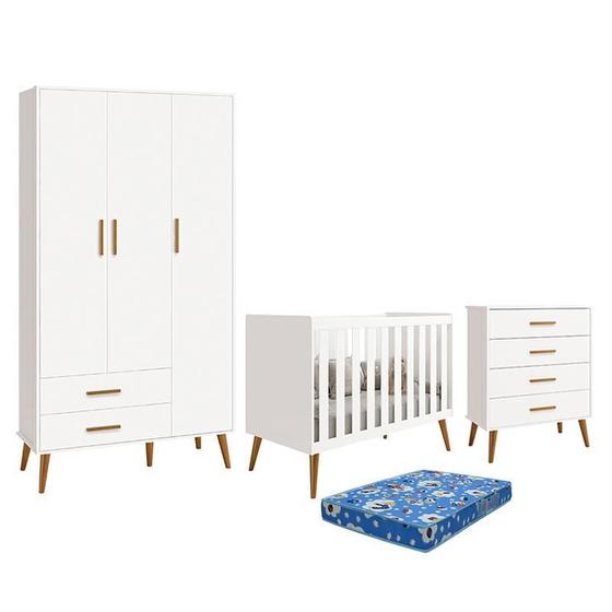 Imagem de Dormitório Infantil Isis Guarda Roupa 3 Portas, Cômoda e Berço Branco com Colchão - Reller Móveis