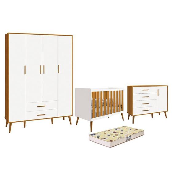 Imagem de Dormitório Infantil Isis Guarda Roupa 4 Portas, Cômoda 1 Porta e Berço Branco/Savana com Colchão D18 - Reller Móveis
