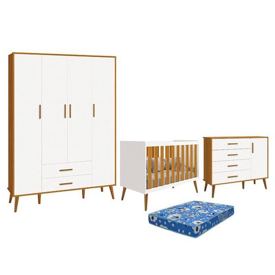 Imagem de Dormitório Infantil Isis Guarda Roupa 4 Portas, Cômoda 1 Porta e Berço Branco/Savana com Colchão - Reller Móveis