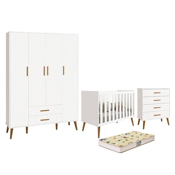 Imagem de Dormitório Infantil Isis Guarda Roupa 4 Portas, Cômoda e Berço Branco com Colchão D18 - Reller Móveis
