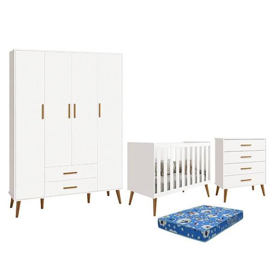 Imagem de Dormitório Infantil Isis Guarda Roupa 4 Portas, Cômoda e Berço Branco com Colchão - Reller Móveis