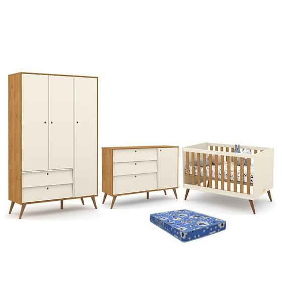 Imagem de Dormitório Infantil Retrô Gold 3 Portas, Cômoda e Berço com Colchão - Matic Móveis