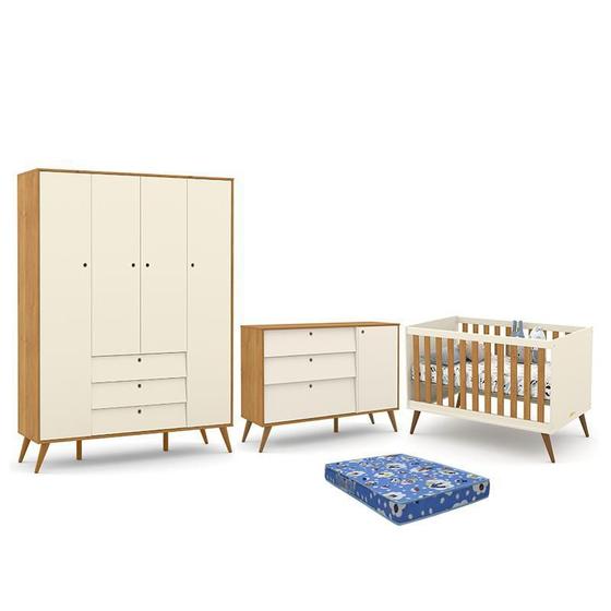 Imagem de Dormitório Infantil Retrô Gold 4 Portas, Cômoda e Berço com Colchão - Matic Móveis