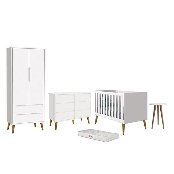 Imagem de Dormitório Infantil Theo 2 Portas, Cômoda 6 Gavetas, Berço, Mesa de Canto Branco Fosco com Pés Amade