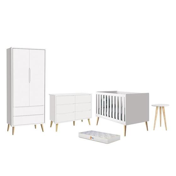 Imagem de Dormitório Infantil Theo 2 Portas, Cômoda 6 Gavetas, Berço, Mesa de Canto Branco Fosco com Pés Madei