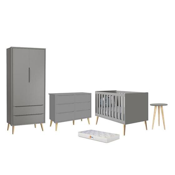 Imagem de Dormitório Infantil Theo 2 Portas, Cômoda 6 Gavetas, Berço, Mesa de Canto Cinza Fosco com Pés Madeira Naturale Colchão - Reller Móveis