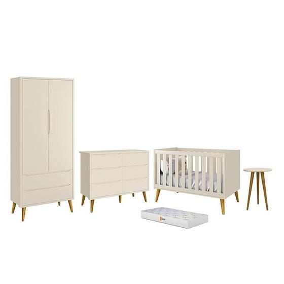 Imagem de Dormitório Infantil Theo 2 Portas, Cômoda 6 Gavetas, Berço, Mesa de Canto com Pés Amadeirado e Colchão - Reller Móveis