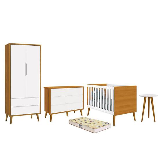 Imagem de Dormitório Infantil Theo 2 Portas, Cômoda 6 Gavetas, Berço, Mesa de Canto com Pés Amadeirado e Colchão - Reller Móveis