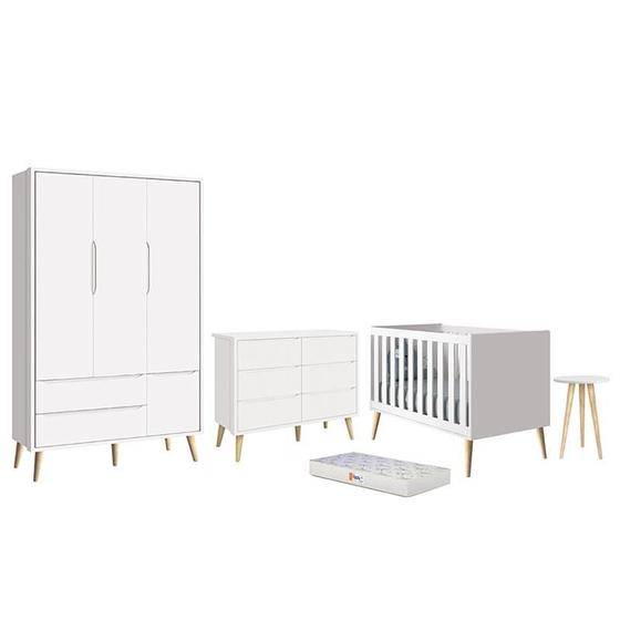 Imagem de Dormitório Infantil Theo 3 Portas, Cômoda 6 Gavetas, Berço, Mesa de Canto Branco Fosco com Pés Madei