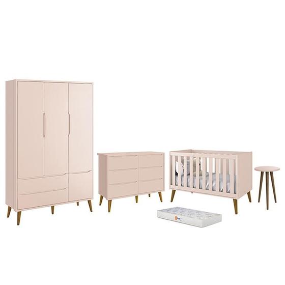 Imagem de Dormitório Infantil Theo 3 Portas, Cômoda 6 Gavetas, Berço, Mesa de Canto Rosa Fosco com Pés Amadeirado e Colchão - Reller Móveis