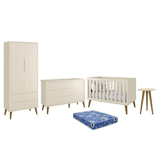 Imagem de Dormitório Infantil Theo Retrô 2 Portas, Cômoda 1 Porta, Berço, Mesa de Apoio com Pés Amadeirado e Colchão - Reller Móveis