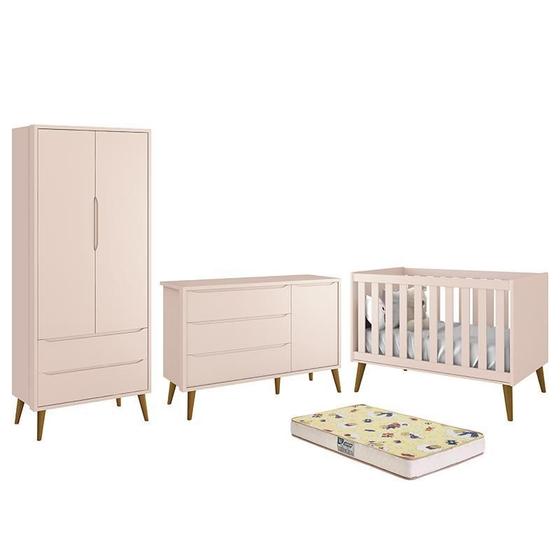 Imagem de Dormitório Infantil Theo Retrô 2 Portas, Cômoda 1 Porta, Berço Rosa com Pés Amadeirado e Colchão D18 - Reller Móveis