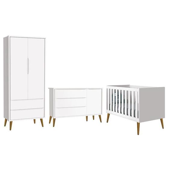Imagem de Dormitório Infantil Theo Retrô 2 Portas, Cômoda 1 Porta e Berço Branco com Pés Amadeirado - Reller Móveis