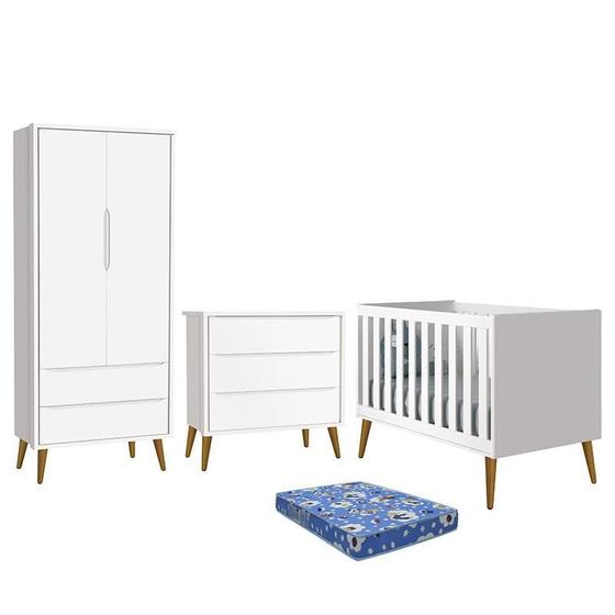 Imagem de Dormitório Infantil Theo Retrô 2 Portas, Cômoda, Berço Branco com Pés Amadeirado e Colchão - Reller Móveis