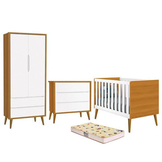 Imagem de Dormitório Infantil Theo Retrô 2 Portas, Cômoda, Berço com Pés Amadeirado e Colchão D18 - Reller Móveis