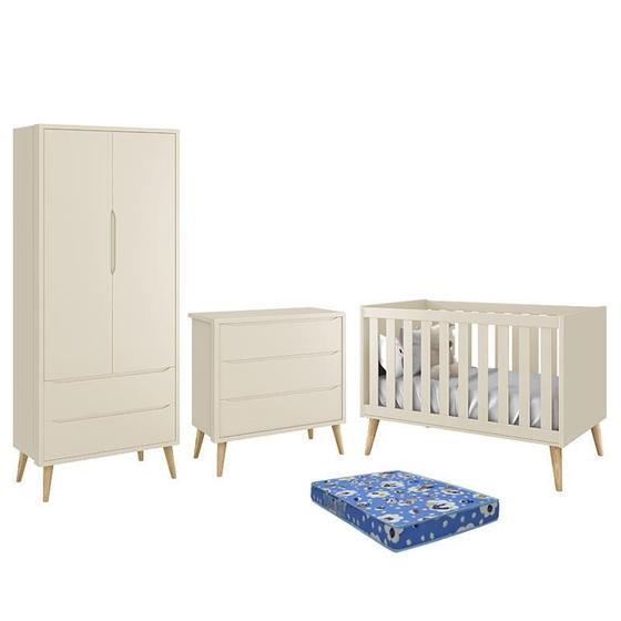Imagem de Dormitório Infantil Theo Retrô 2 Portas, Cômoda, Berço com Pés Madeira Natural e Colchão - Reller Móveis