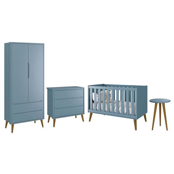Imagem de Dormitório Infantil Theo Retrô 2 Portas, Cômoda, Berço e Mesa de Apoio Azul com Pés Amadeirado - Reller Móveis