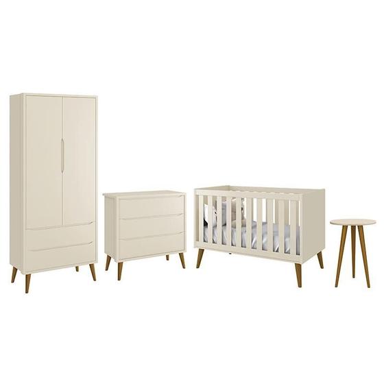 Imagem de Dormitório Infantil Theo Retrô 2 Portas, Cômoda, Berço e Mesa de Apoio com Pés Amadeirado - Reller Móveis