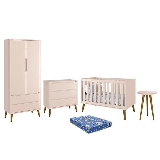 Imagem de Dormitório Infantil Theo Retrô 2 Portas, Cômoda, Berço, Mesa de Apoio Rosa com Pés Amadeirado e Colchão - Reller Móveis