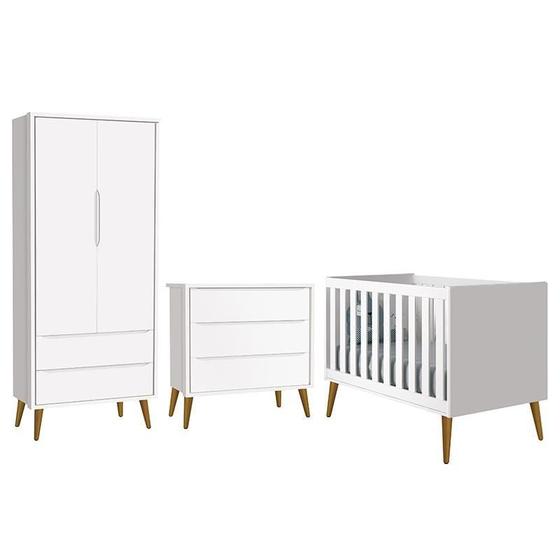 Imagem de Dormitório Infantil Theo Retrô 2 Portas, Cômoda e Berço Branco com Pés Amadeirado - Reller Móveis