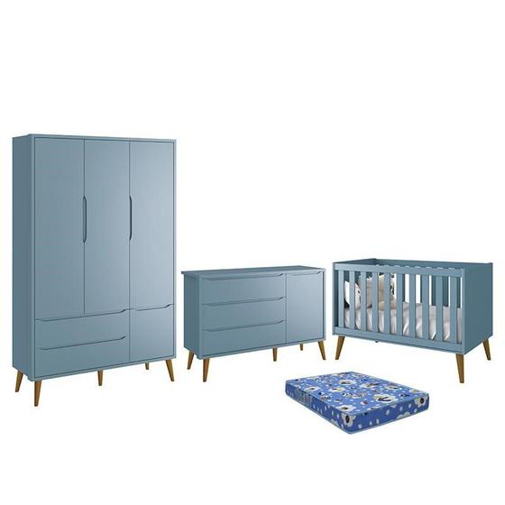 Imagem de Dormitório Infantil Theo Retrô 3 Portas, Cômoda 1 Porta, Berço Azul com Pés Amadeirado e Colchão - Reller Móveis