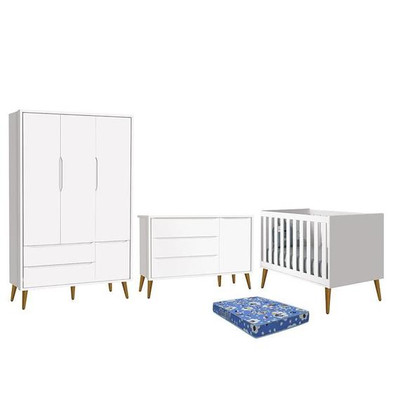 Imagem de Dormitório Infantil Theo Retrô 3 Portas, Cômoda 1 Porta, Berço Branco com Pés Amadeirado e Colchão - Reller Móveis