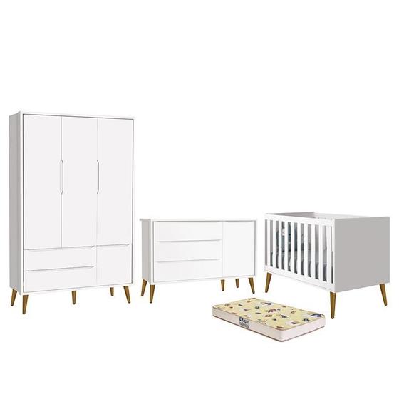 Imagem de Dormitório Infantil Theo Retrô 3 Portas, Cômoda 1 Porta, Berço Branco Fosco com Pés Amadeirado e Colchão D18 - Reller Móveis