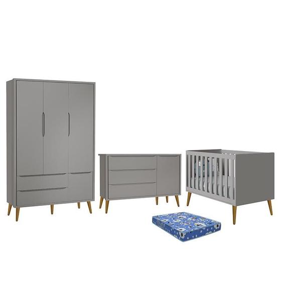 Imagem de Dormitório Infantil Theo Retrô 3 Portas, Cômoda 1 Porta, Berço Cinza com Pés Amadeirado e Colchão - Reller Móveis