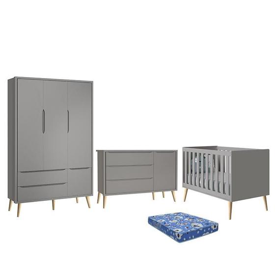 Imagem de Dormitório Infantil Theo Retrô 3 Portas, Cômoda 1 Porta, Berço Cinza Fosco com Pés Madeira Natural e Colchão - Reller Móveis