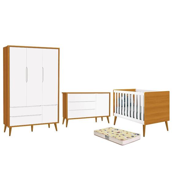 Imagem de Dormitório Infantil Theo Retrô 3 Portas, Cômoda 1 Porta, Berço com Pés Amadeirado e Colchão D18 - Reller Móveis