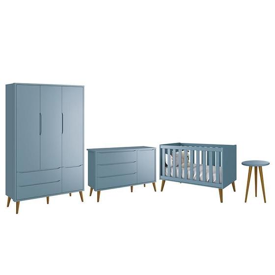 Imagem de Dormitório Infantil Theo Retrô 3 Portas, Cômoda 1 Porta, Berço e Mesa de Apoio Azul com Pés Amadeirado - Reller Móveis