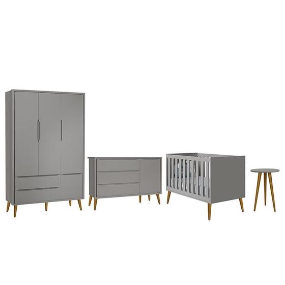 Imagem de Dormitório Infantil Theo Retrô 3 Portas, Cômoda 1 Porta, Berço e Mesa de Apoio Cinza Fosco com Pés Amadeirado - Reller Móveis
