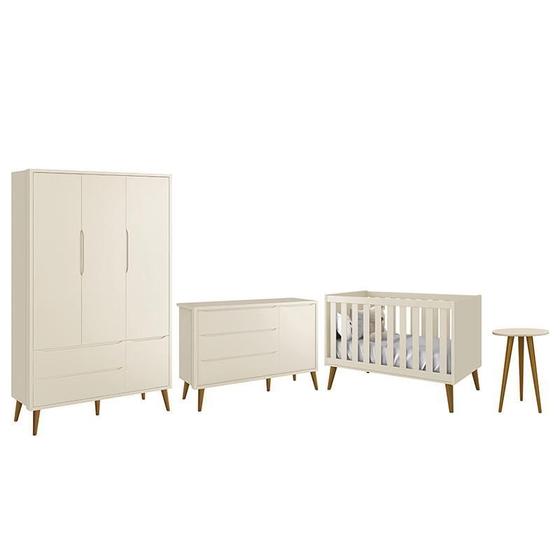 Dormitório Infantil Theo Retrô 3 Portas, Cômoda 1 Porta, Berço e Mesa de Apoio com Pés Amadeirado - Reller Móveis Imagem de Dormitório Infantil Theo Retrô 3 Portas, Cômoda 1 Porta, Berço e Mesa de Apoio com Pés Amadeirado - Reller Móveis