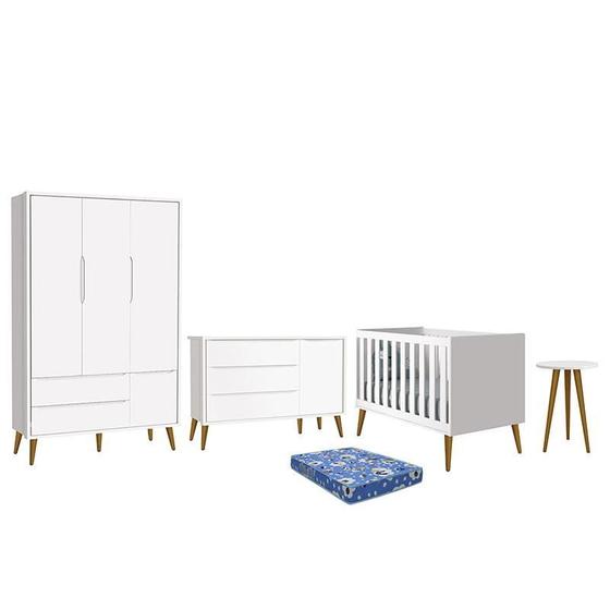 Imagem de Dormitório Infantil Theo Retrô 3 Portas, Cômoda 1 Porta, Berço, Mesa de Apoio Branco com Pés Amadeirado e Colchão - Reller Móveis