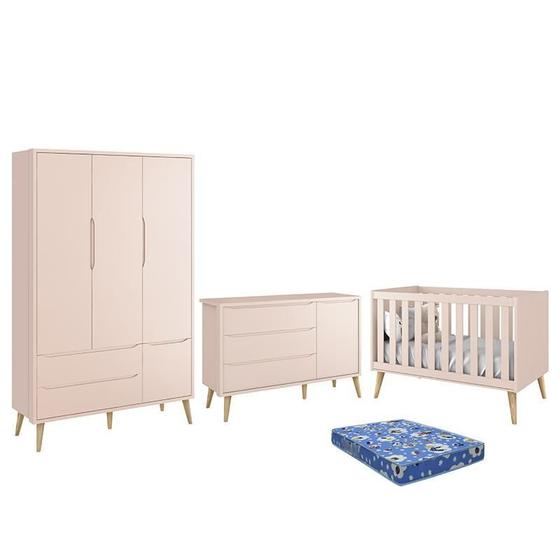 Imagem de Dormitório Infantil Theo Retrô 3 Portas, Cômoda 1 Porta, Berço Rosa Fosco com Pés Madeira Natural e Colchão - Reller Móveis