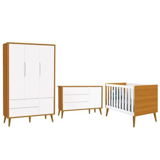 Imagem de Dormitório Infantil Theo Retrô 3 Portas, Cômoda 1 Porta e Berço com Pés Amadeirado - Reller Móveis