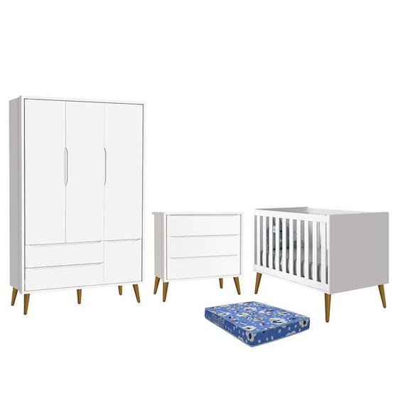 Imagem de Dormitório Infantil Theo Retrô 3 Portas, Cômoda, Berço Branco com Pés Amadeirado e Colchão - Reller Móveis