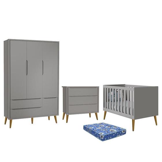 Imagem de Dormitório Infantil Theo Retrô 3 Portas, Cômoda, Berço Cinza com Pés Amadeirado e Colchão - Reller Móveis