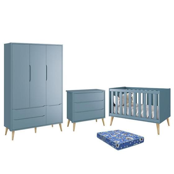 Imagem de Dormitório Infantil Theo Retrô 3 Portas, Cômoda, Berço Cinza Fosco com Pés Madeira Natural e Colchão - Reller Móveis