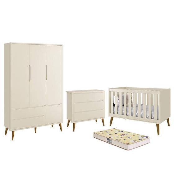 Imagem de Dormitório Infantil Theo Retrô 3 Portas, Cômoda, Berço com Pés Amadeirado e Colchão D18 - Reller Móveis