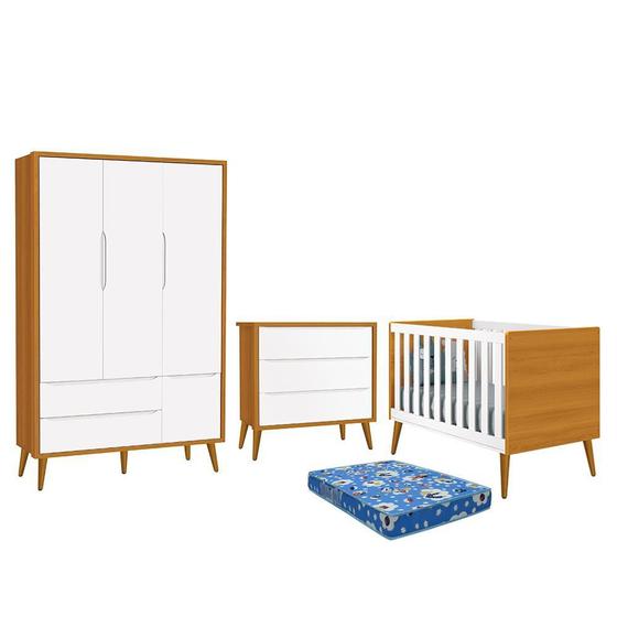 Imagem de Dormitório Infantil Theo Retrô 3 Portas, Cômoda, Berço com Pés Amadeirado e Colchão - Reller Móveis