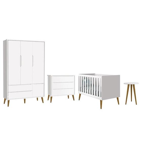 Imagem de Dormitório Infantil Theo Retrô 3 Portas, Cômoda, Berço e Mesa de Apoio Branco com Pés Amadeirado - Reller Móveis