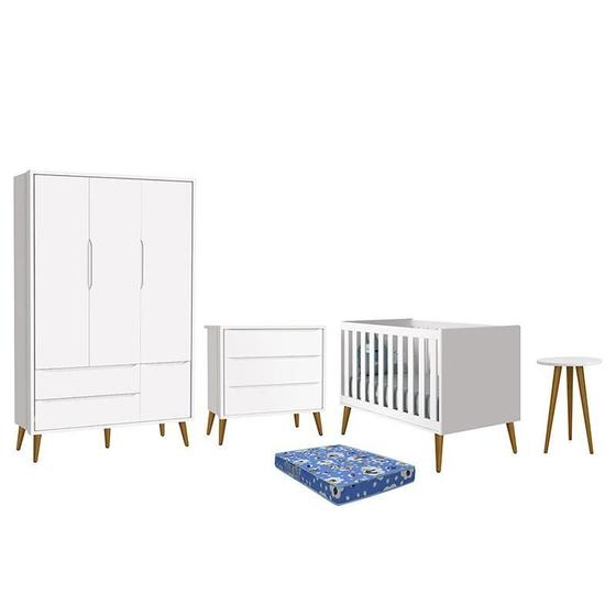 Imagem de Dormitório Infantil Theo Retrô 3 Portas, Cômoda, Berço, Mesa de Apoio Branco com Pés Amadeirado e Colchão - Reller Móveis